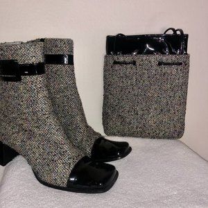 Vintage Charles Jourdan Tweed & Patent Ankle Boots Size 9 (M) w/ Matching Purse